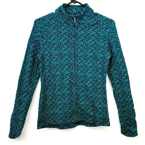 Ibex Navy Teal Blue Abstract Geometric 100% Merino Wool Zip Up Layer Jacket - Picture 1 of 11